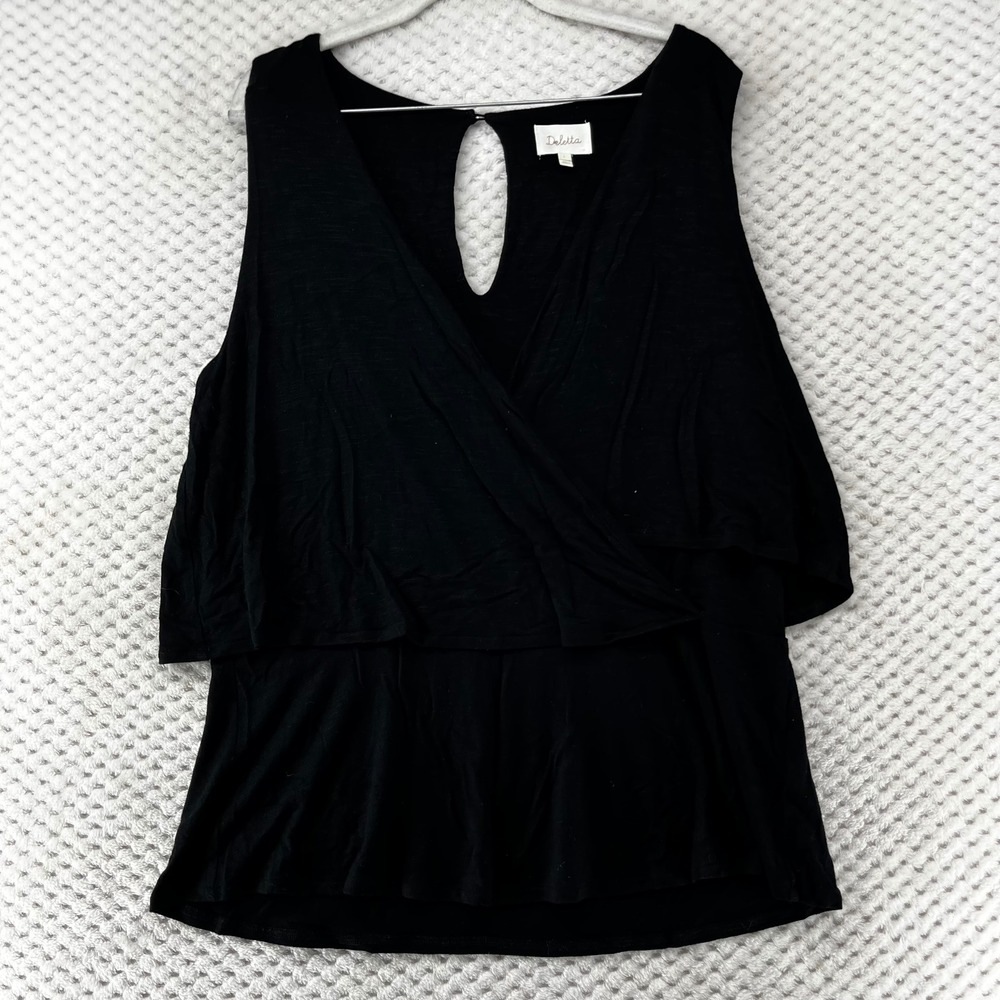 Deletta‎ Layered Tank Top Sleeveless Keyhole Black Casual Blouse Flowy SoftL